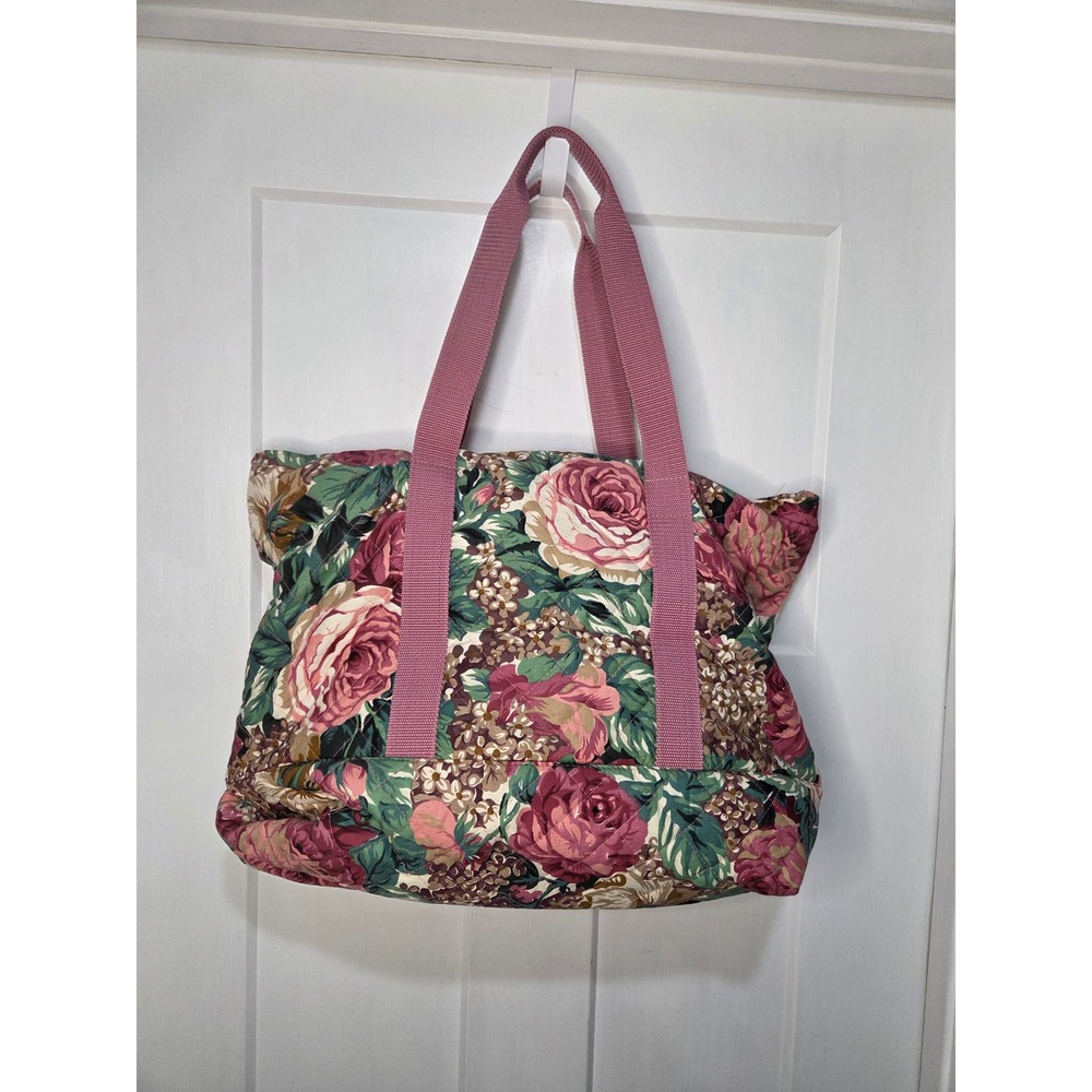 Vintage Floral Quilted Tote Bag Mauve Rose Cottagecore Shoulder Bag Zipper Top